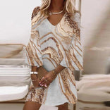 Valentine | V-Neck Printed Flare-Sleeve A-Line Mini Dress in Khaki