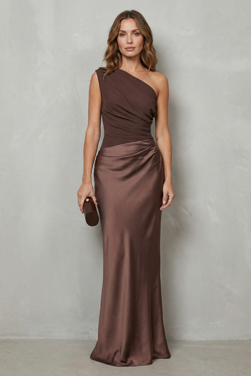 Agatha | One-Shoulder Contrast-Waist Satin Maxi Dress