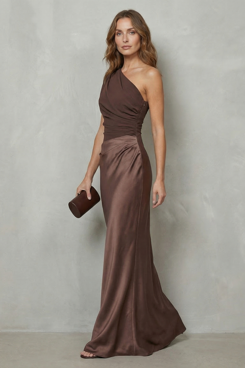Agatha | One-Shoulder Contrast-Waist Satin Maxi Dress