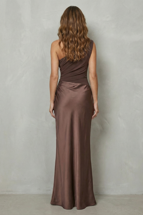 Agatha | One-Shoulder Contrast-Waist Satin Maxi Dress