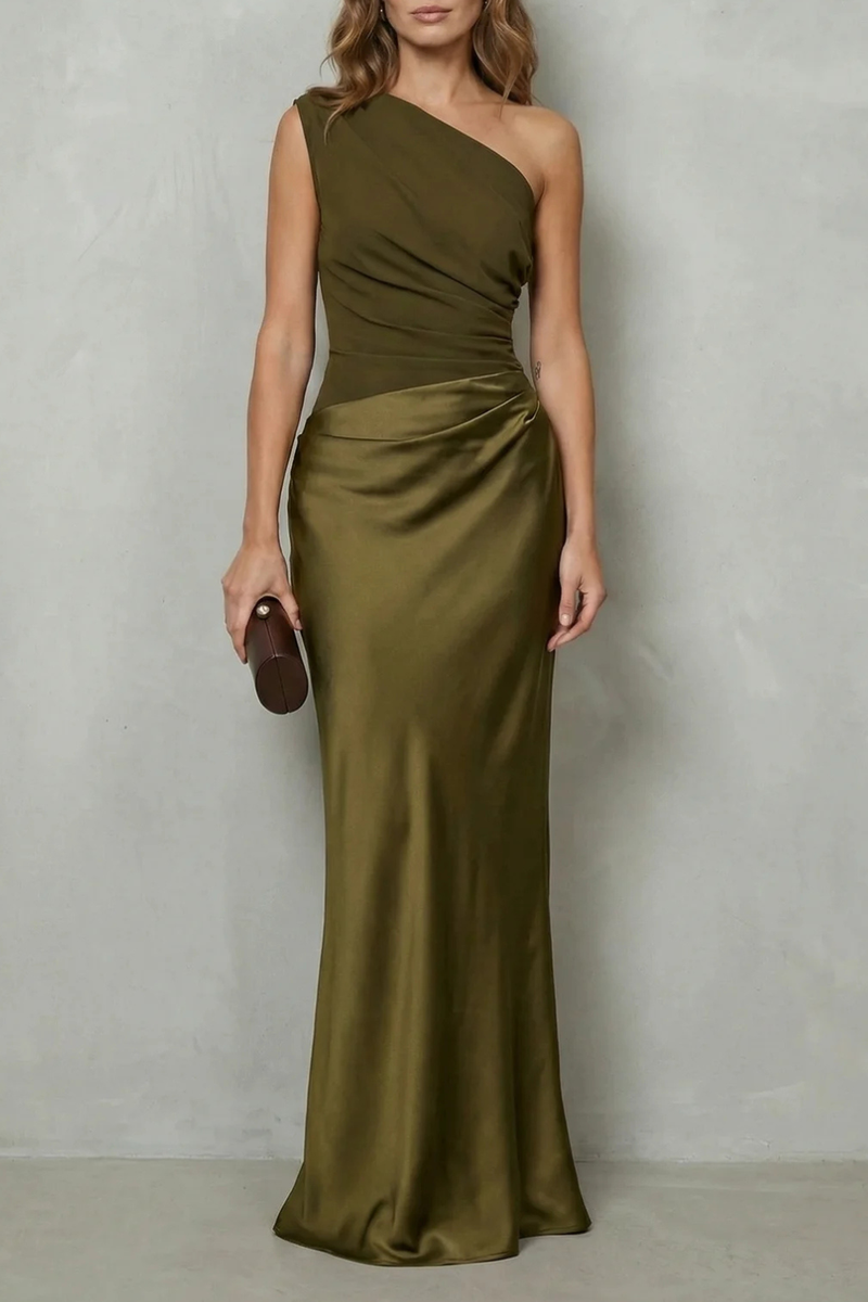 Agatha | One-Shoulder Contrast-Waist Satin Maxi Dress