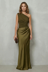 Agatha | One-Shoulder Contrast-Waist Satin Maxi Dress in Dark green