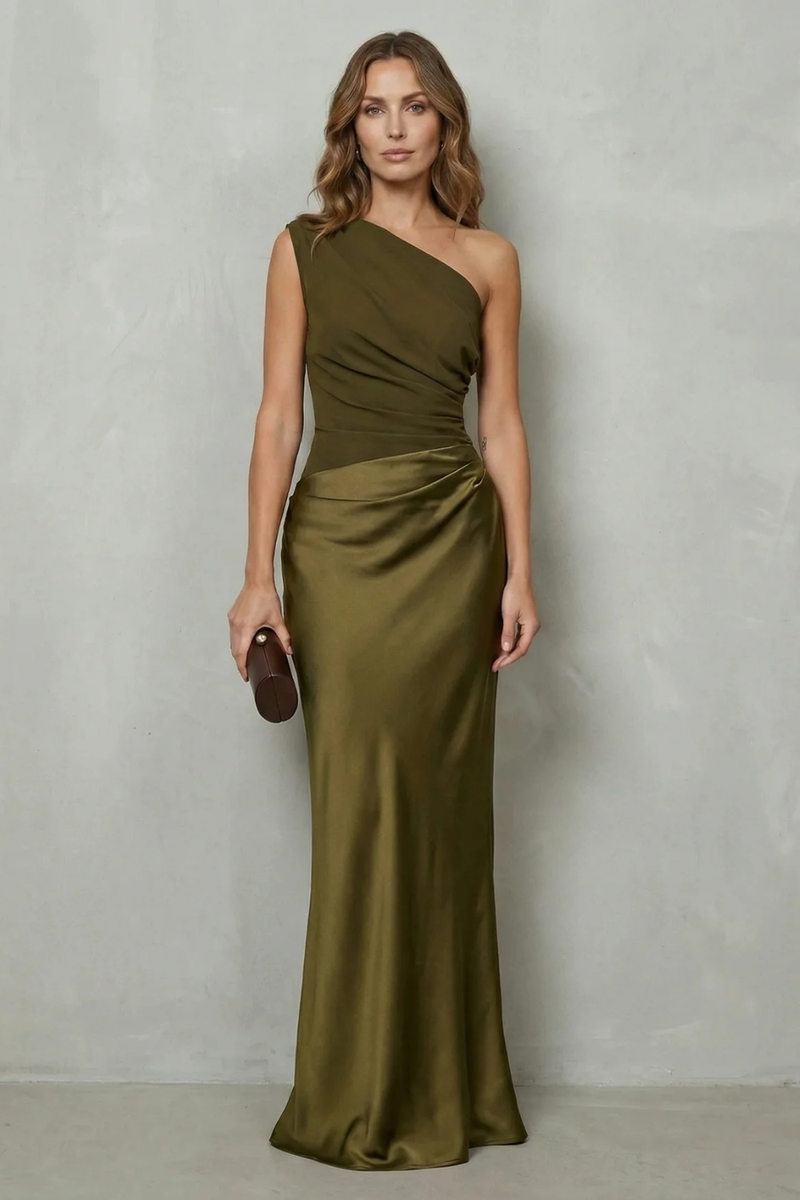 Agatha | One-Shoulder Contrast-Waist Satin Maxi Dress