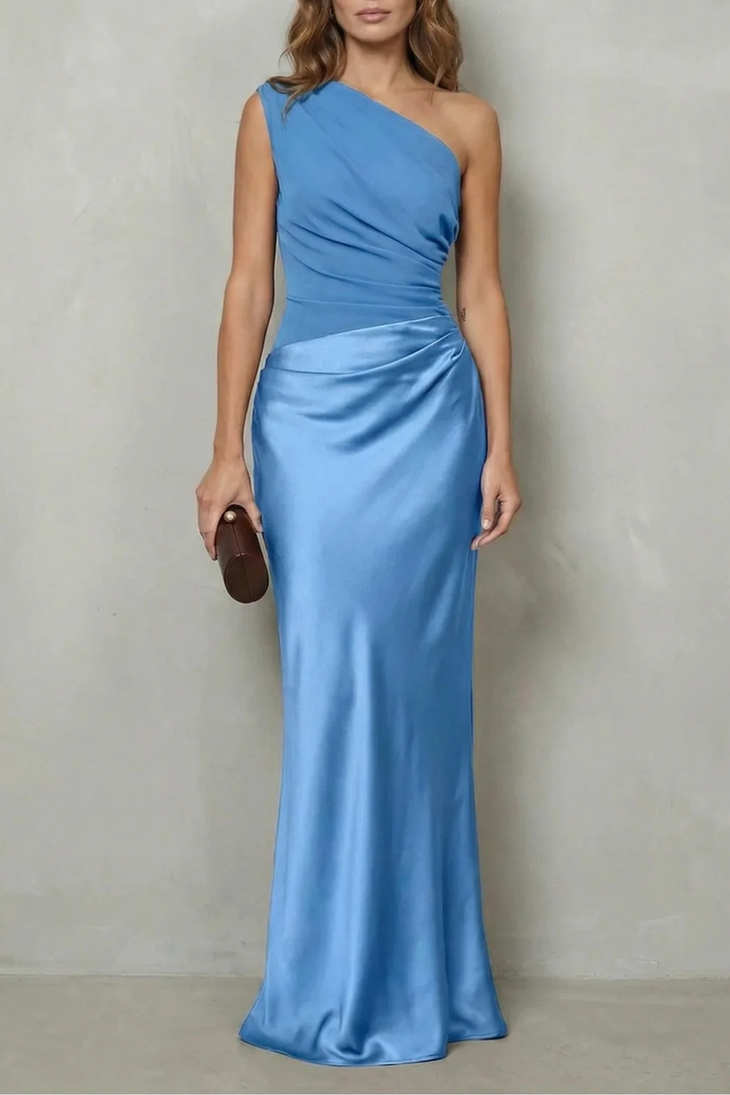 Agatha | One-Shoulder Contrast-Waist Satin Maxi Dress