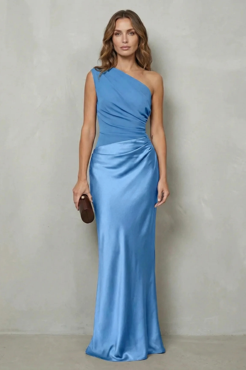 Agatha | One-Shoulder Contrast-Waist Satin Maxi Dress