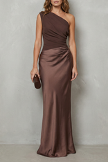 Agatha | One-Shoulder Contrast-Waist Satin Maxi Dress in Brown