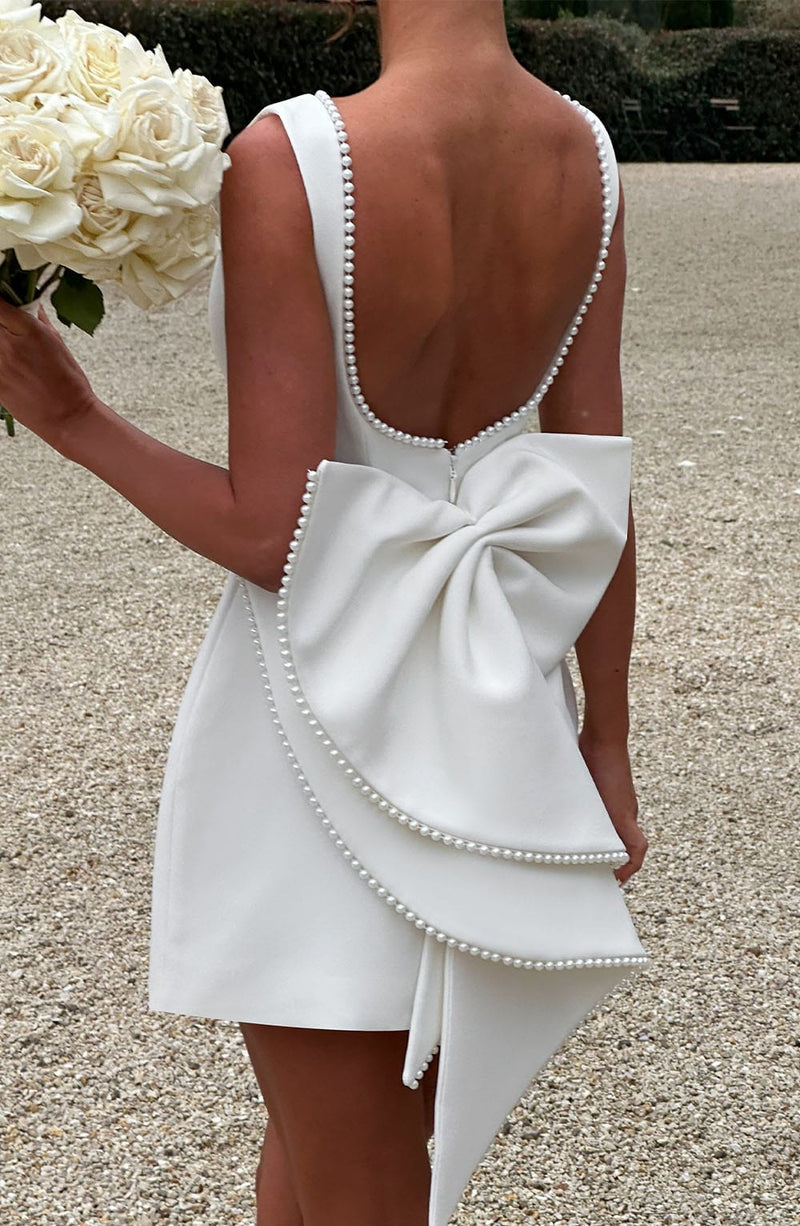 Veronica | Pearl-Trim Bow-Back A-Line Mini Dress