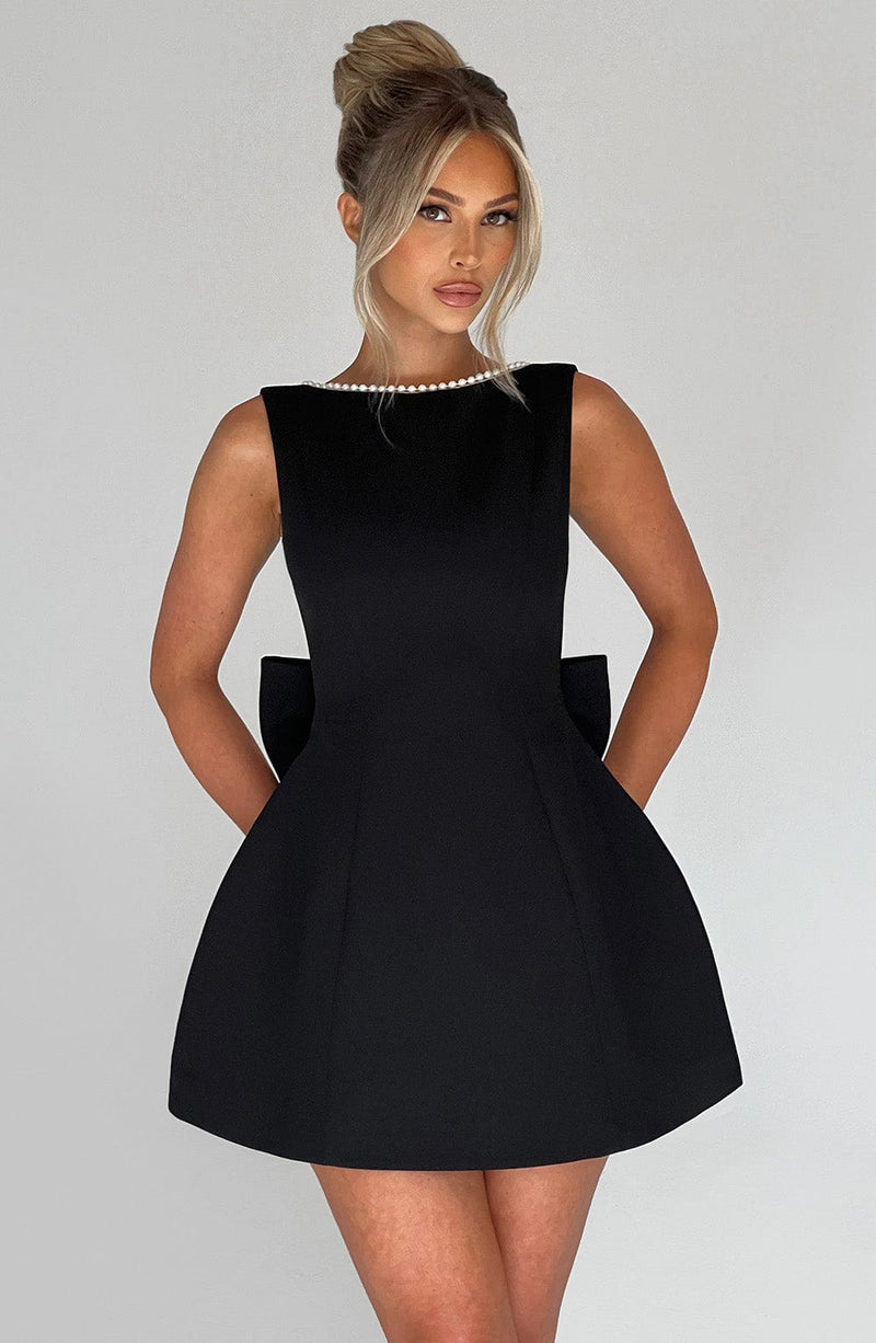 Veronica | Pearl-Trim Bow-Back A-Line Mini Dress