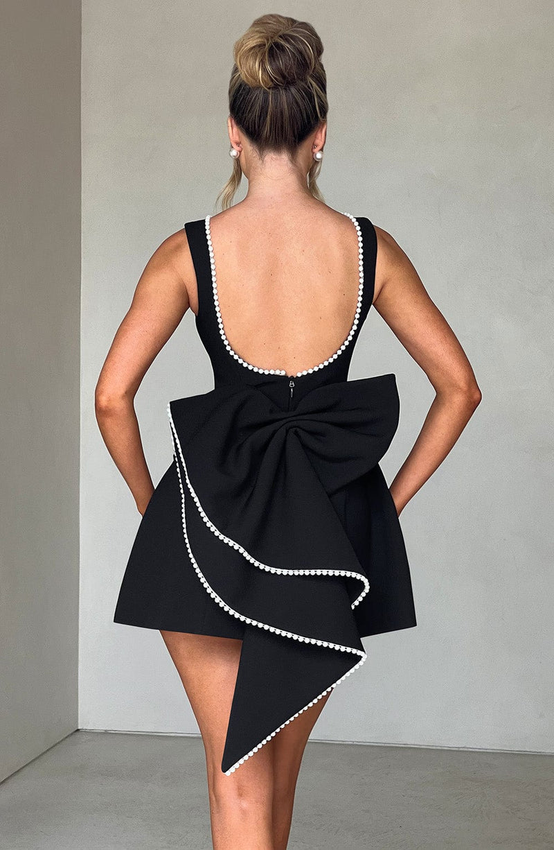 Veronica | Pearl-Trim Bow-Back A-Line Mini Dress