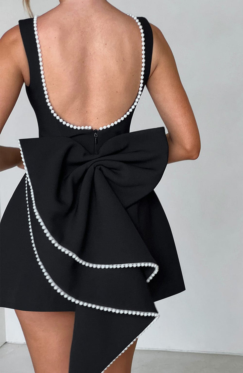 Veronica | Pearl-Trim Bow-Back A-Line Mini Dress
