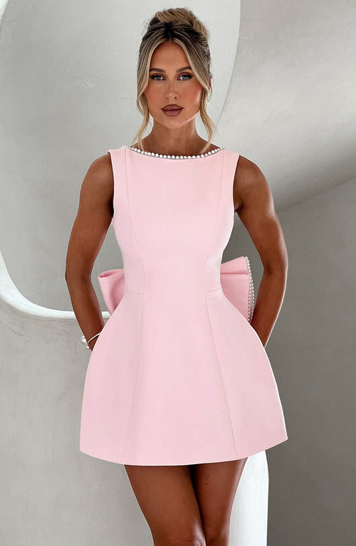Veronica pearl-trim bow-back A-line mini dress