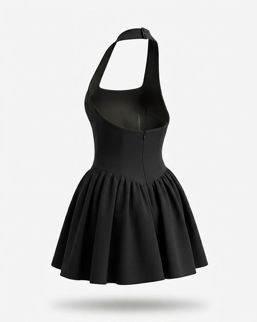 Victoria halter neck basque waist fit-and-flare mini dress