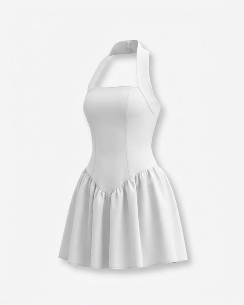 Victoria halter neck basque waist fit-and-flare mini dress