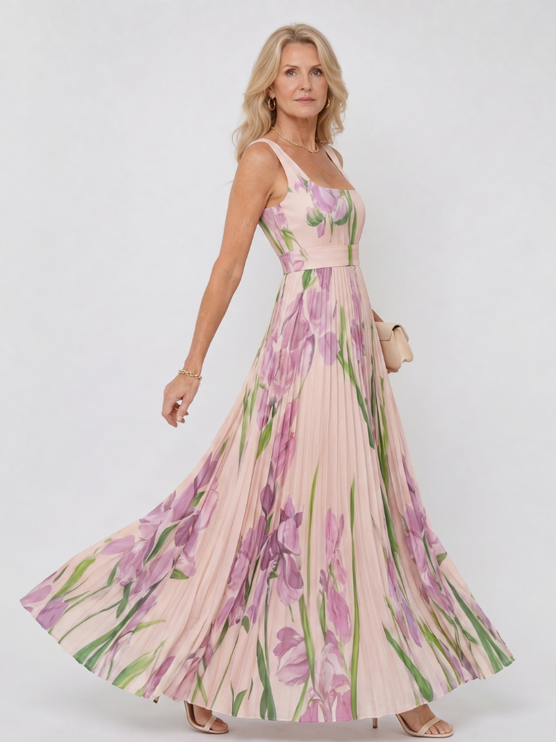 Matilda | Pleated Floral Square-Neck Maxi Dress