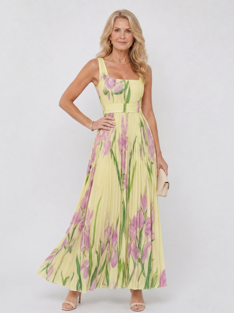 Matilda | Pleated Floral Square-Neck Maxi Dress