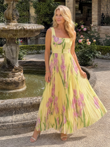 Matilda | Pleated Floral Square-Neck Maxi Dress in Yellow