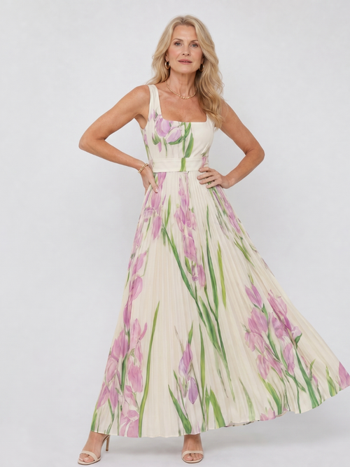 Matilda | Pleated Floral Square-Neck Maxi Dress