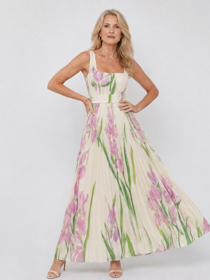 Matilda | Pleated Floral Square-Neck Maxi Dress