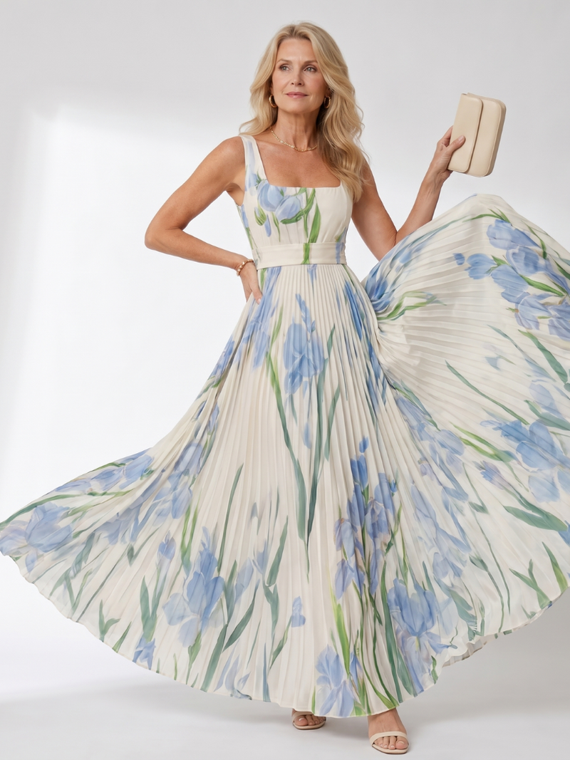 Matilda | Pleated Floral Square-Neck Maxi Dress