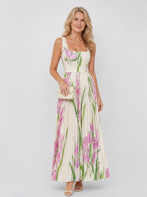 Matilda | Pleated Floral Square-Neck Maxi Dress