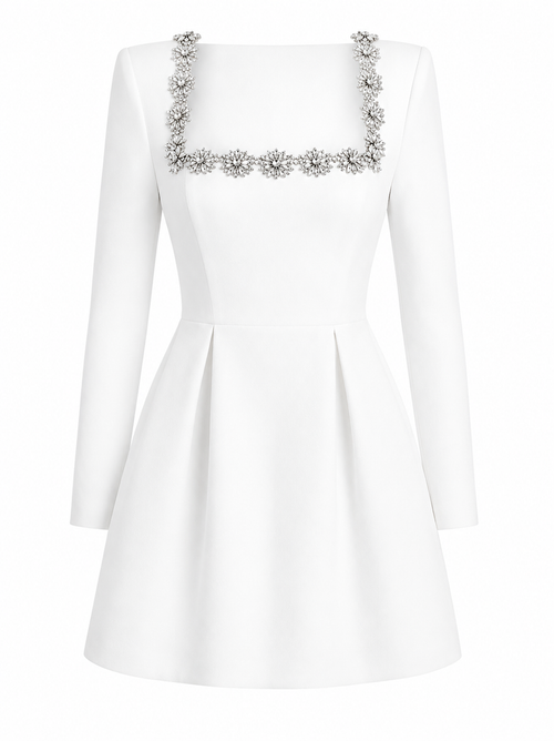 Violet embellished square neck long sleeve mini dress