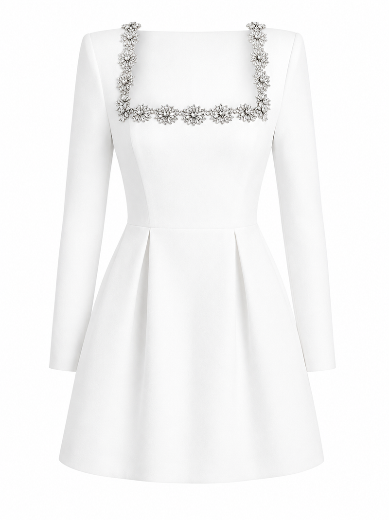 Violet | Embellished Square Neck Long Sleeve Mini Dress