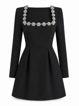 Violet | Embellished Square Neck Long Sleeve Mini Dress in Black