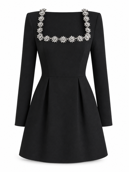 Violet embellished square neck long sleeve mini dress