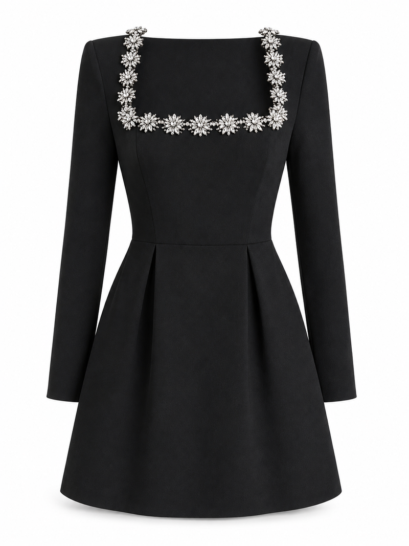 Violet | Embellished Square Neck Long Sleeve Mini Dress