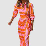 Winifred | Shirt Collar Wrap Front Tie-Waist Maxi Dress in Orange & Pink