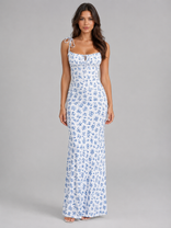 Rhoda Floral Lace-Up Maxi Dress | Women's Figure-Hugging Summer Dress in Blue