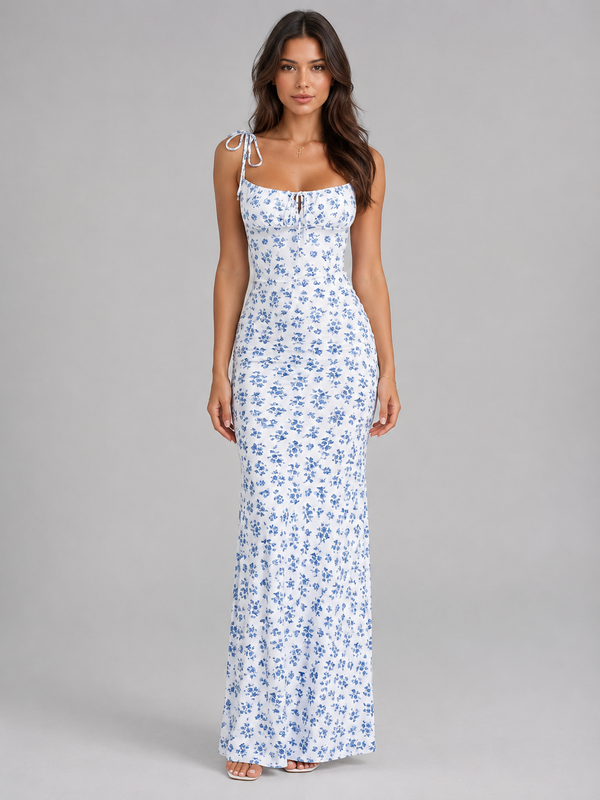 Rhoda Floral Lace-Up Maxi Dress | Women's Figure-Hugging Summer Dress