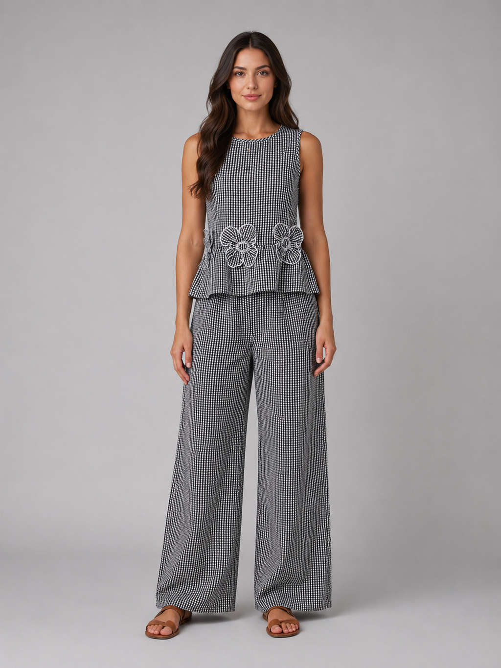 Women's Gingham Two-Piece Set – Sleeveless Top & Wide Leg Trousers