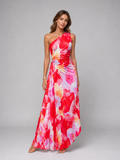 Women’s One-Shoulder Pleated Maxi Dress – Floral Statement Elegance