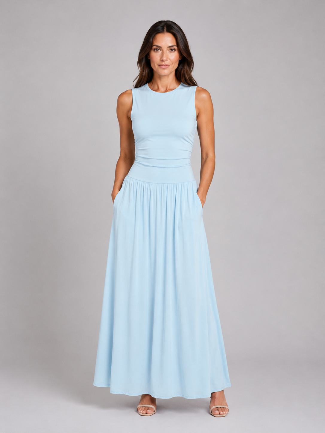 Women's Sleeveless Maxi Dress with Pockets – Ruched Waist Style