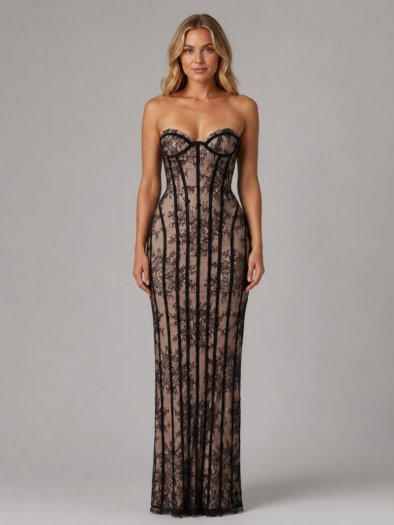 Seren Lace Corset Maxi Dress | Women's Strapless Evening Gown