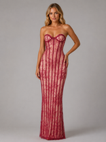 Seren Lace Corset Maxi Dress | Women's Strapless Evening Gown in Red