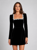 Women’s Velvet Crystal Neckline Mini Dress – Elegant Evening Silhouette
