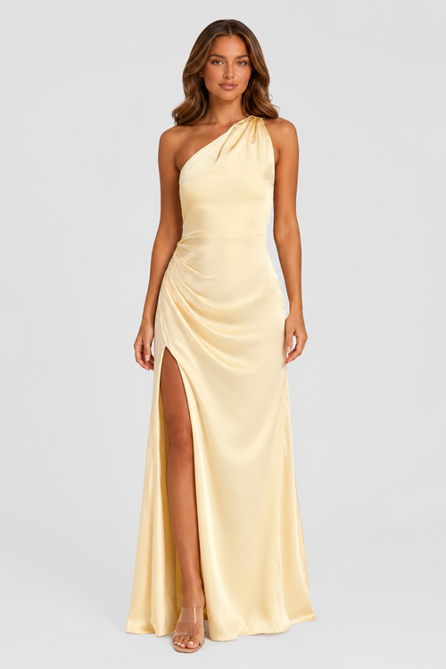 Philomena | Pale Yellow One-Shoulder High-Split Maxi Dress
