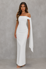 Carina | Bardot Sash Ruched-Waist Maxi Dress in Ivory