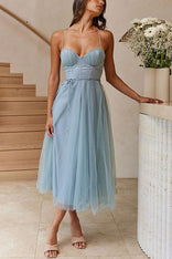 Adelaide | Corset Tulle Sweetheart Midi Dress in Blue