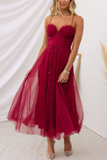 Adelaide | Corset Tulle Sweetheart Midi Dress in Burgundy