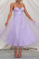 Adelaide | Corset Tulle Sweetheart Midi Dress in Purple