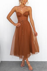 Adelaide | Corset Tulle Sweetheart Midi Dress in Brown