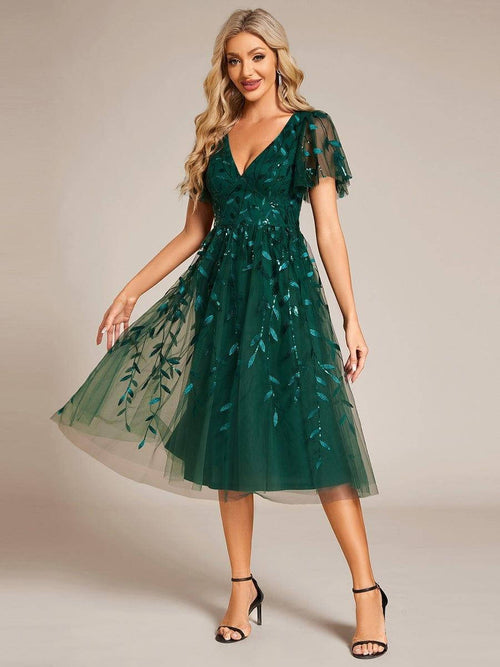 Chiara | Sequin-Embroidered Flutter-Sleeve Midi Dress