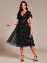 Chiara | Sequin-Embroidered Flutter-Sleeve Midi Dress in Black