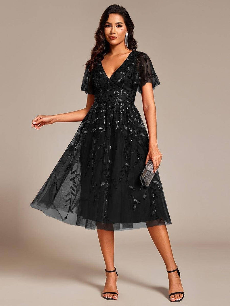 Chiara | Sequin-Embroidered Flutter-Sleeve Midi Dress