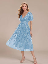 Chiara | Sequin-Embroidered Flutter-Sleeve Midi Dress in Light Blue
