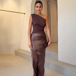 Dulcie | Draped One-Shoulder Satin Maxi Dress in Dark Brown