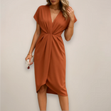 Belinda | Wrap V-Neck Twist-Waist Midi Dress in Rust